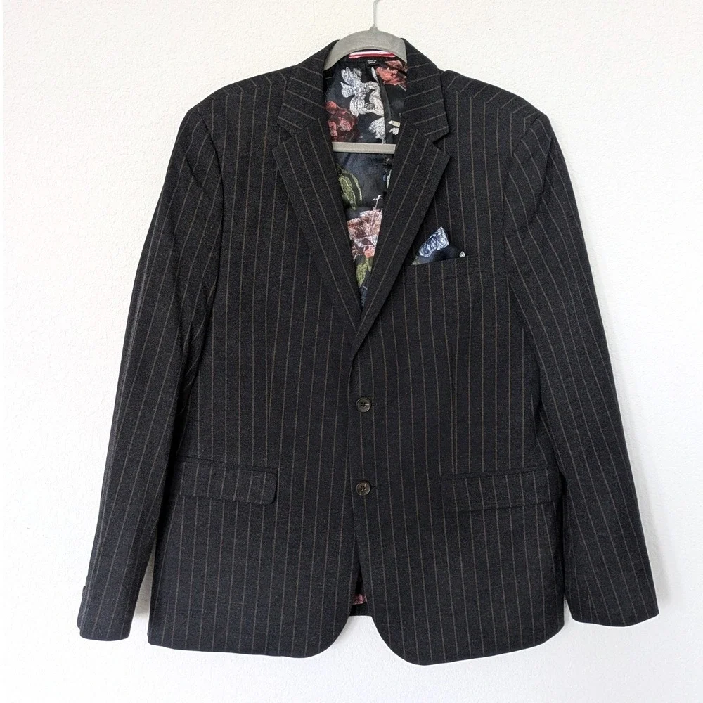 Soul of London Pinstripe Blazer Mens 44R Charcoal Grey Floral Lining Two Button